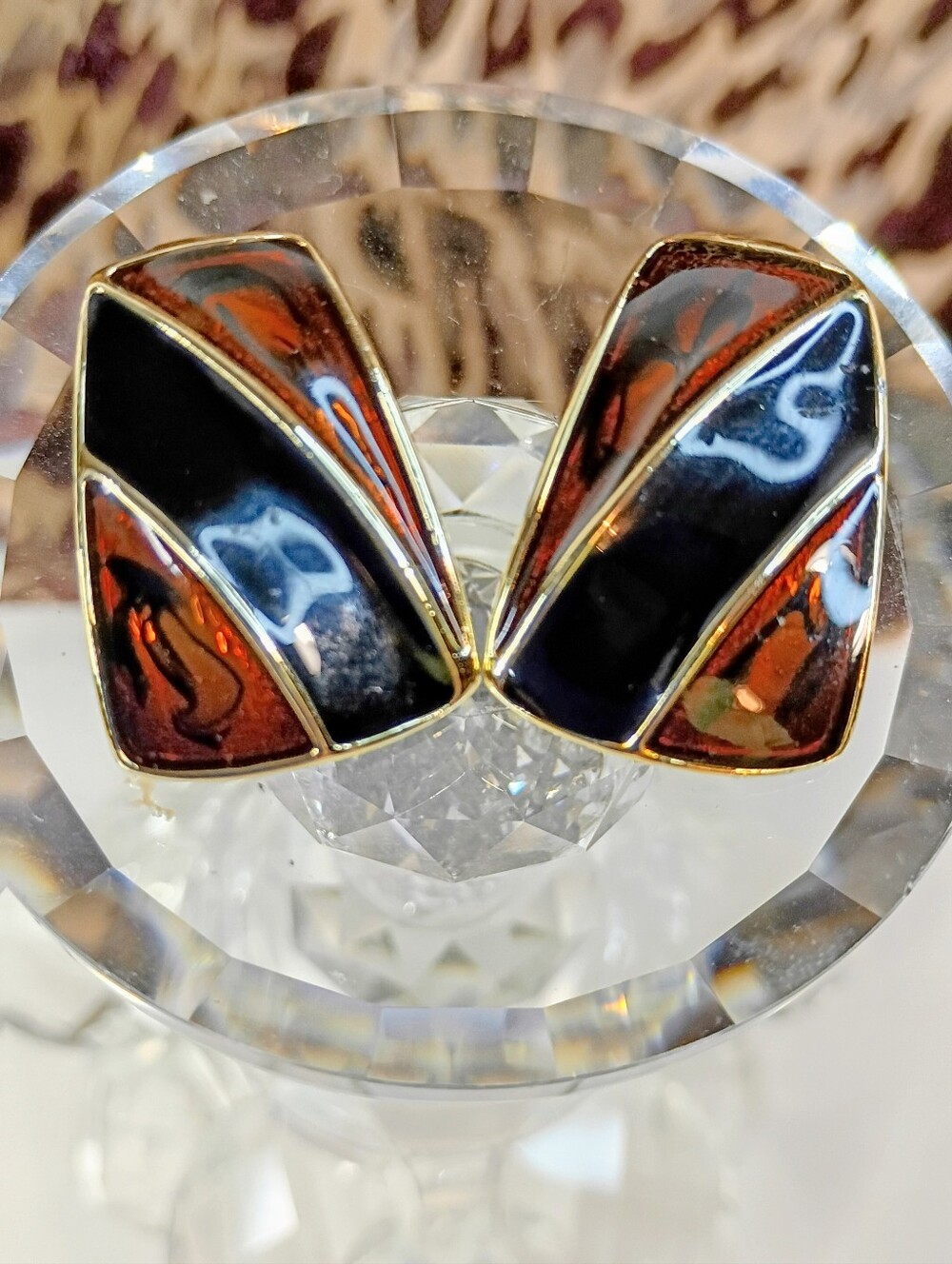 Gold-Tone Black and Tortoise Shell Enamel Pierced Earrings